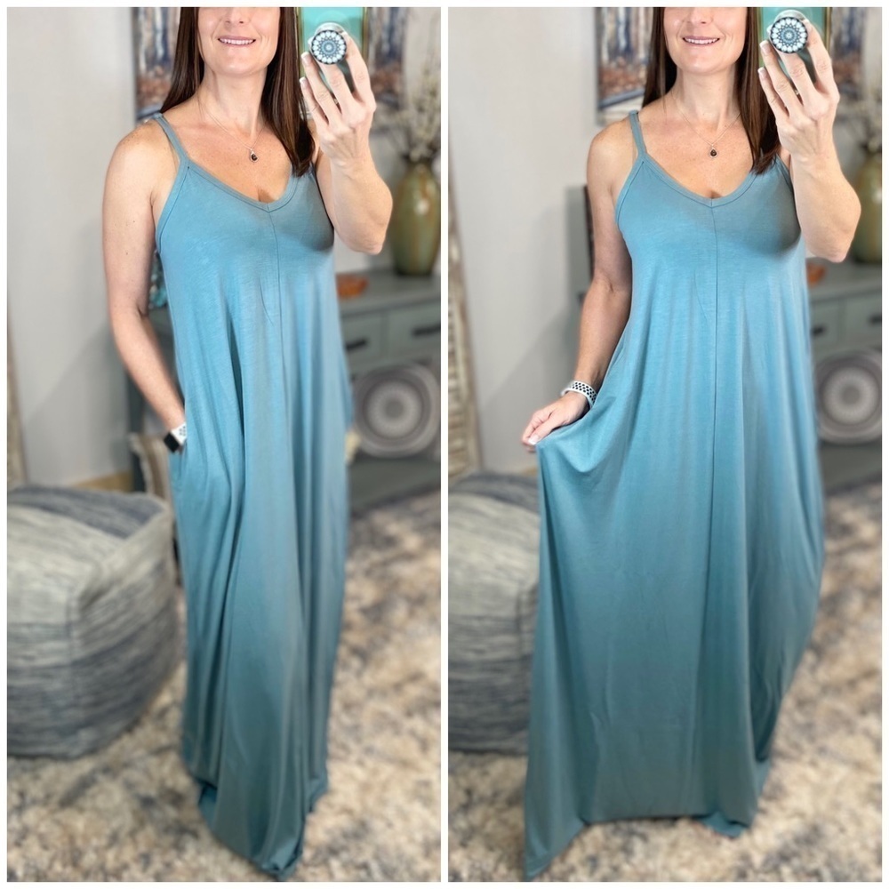Maxi V-Neck Pocket Adjustable Spaghetti Dress Summer Spring Blue Gray 1022